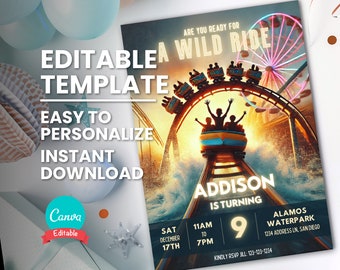 Puede incluir: Plantilla de invitación de fiesta de cumpleaños editable con una montaña rusa colorida y una noria en el fondo. El texto dice "¿Estás listo para un paseo salvaje?" y "Addison cumple 9 años". La invitación incluye la fecha, la hora y el lugar de la fiesta.