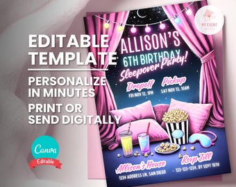 Girl Sleepover Invitation, Birthday Slumber Party Sleep Over Invite, Editable Digital Template, Instant Download