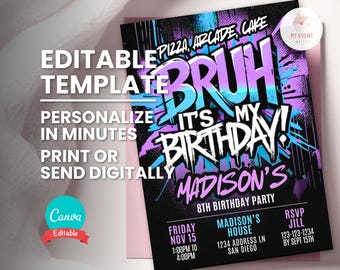 Bruh Birthday Invitation, Neon Graffiti Party Invite, Editable Canva Template, Printable Digital Card, Instant Download