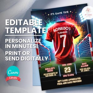 Faire-part de fête de football, maillot de football d'âge modifiable, invitation d'anniversaire de football pour enfant, modèle numérique, carte imprimable, téléchargement immédiat