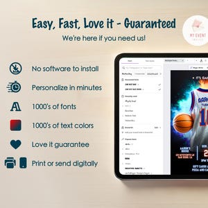 May include: A digital screen showing a basketball-themed birthday invitation template. The template features a basketball player wearing a jersey with the text "Aaron's Turning 10". The screen also shows a list of fonts and text colors available for customization.