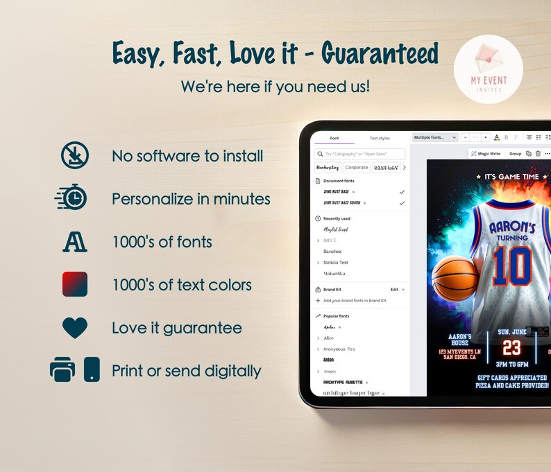 May include: A digital screen showing a basketball-themed birthday invitation template. The template features a basketball player wearing a jersey with the text "Aaron's Turning 10". The screen also shows a list of fonts and text colors available for customization.