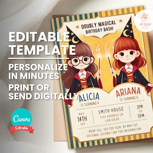 Faire-part d'anniversaire fille assistante, double double invitation à une fête d'anniversaire, fête de fratrie ou de jumeaux magique, modèle modifiable, téléchargement immédiat