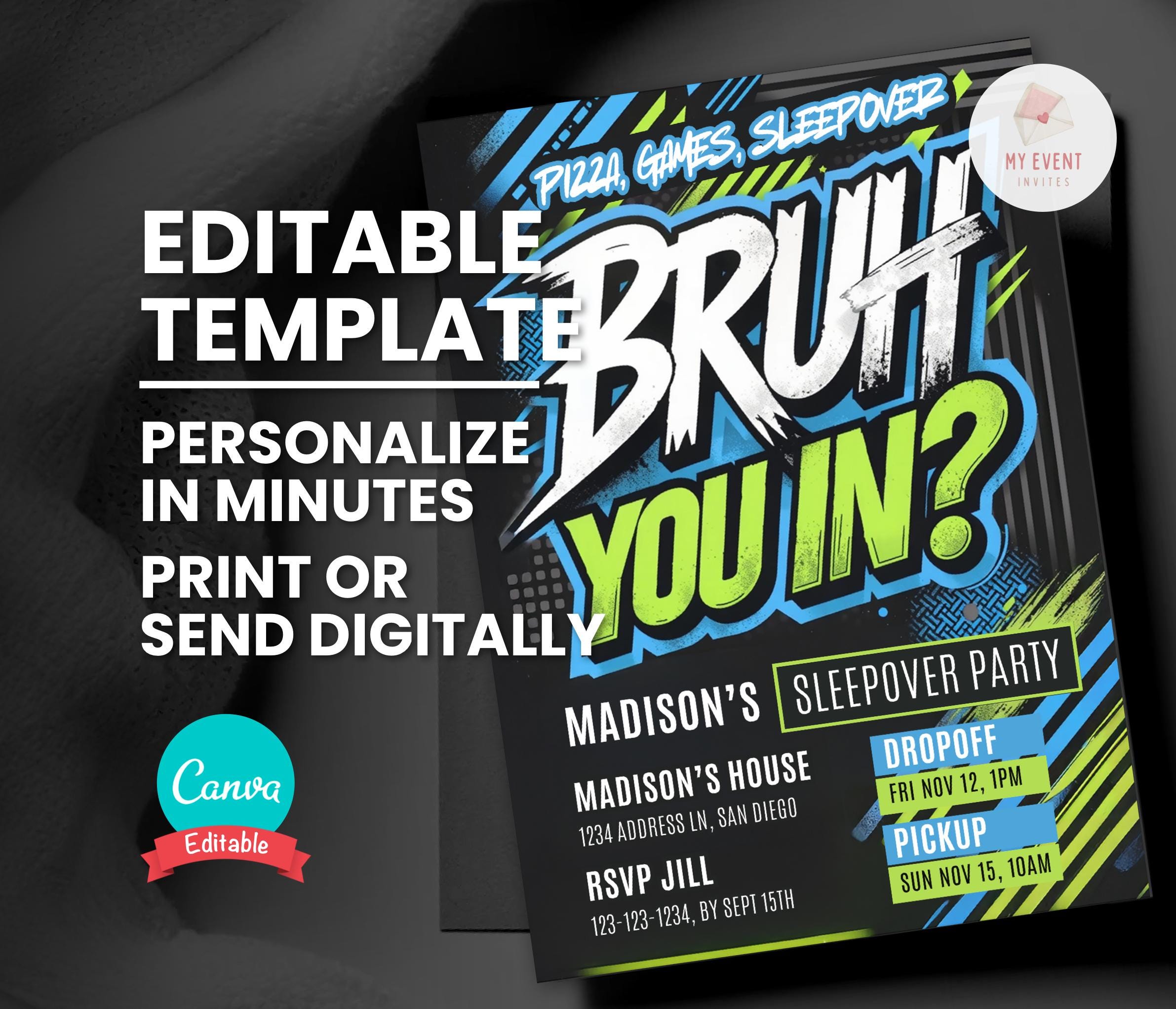 Bruh Sleepover Invitation, Boys Night or Weekend Digital Template, Editable Party Invite, Instant Download, Printable Card, Neon Graffiti