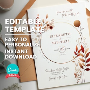 Faire-part de mariage automne éditable pour faire-part de mariage rustique d'automne avec feuillage rustique d'automne pour faire-part de mariage bohème élégant avec de l'or