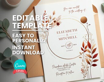 May include: Editable wedding invitation template with a gold circle frame and watercolor leaves in shades of orange, brown, and red. The text reads "You are invited to the wedding of... Elizabeth & Mitchell, Sept 12th, 2024, Saturday, Pasadena Arts Center, 1234 Pasadena Dr., Pasadena, CA, Reception to follow."