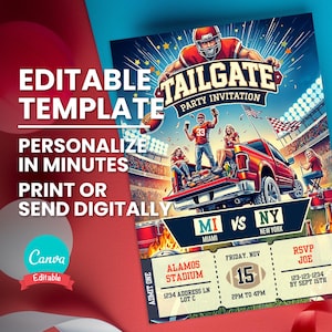 Uitnodiging achterklep, afdrukbare voetbalwedstrijd dag partij flyer uitnodigen, deelbare mobiele Evite, bewerkbare digitale sjabloon, Instant Download