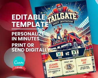 May include: A printable tailgate party invitation template featuring a red pickup truck with a football player and fans in the bed. The text on the invitation reads "Tailgate Party Invitation", "MI vs NY", "Alamos Stadium", "1234 Address Ln Lot C", "Friday, Nov 15", "2pm to 4pm", and "RSVP Joe 123-123-1234 by Sept 15th".