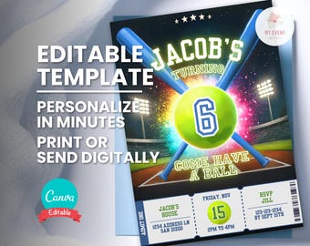 Invito di compleanno per partita Blitz, invito per biglietto partita di baseball, modello digitale modificabile per qualsiasi età, festa di compleanno stampabile, download immediato