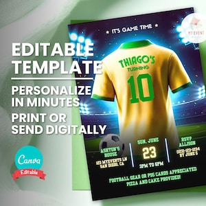 May include: Editable soccer-themed birthday party invitation template with a green and yellow jersey, a soccer ball, and the text "Thiago's Turning 10".