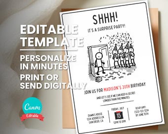 Surprise Birthday Invitation, Any Age, Shhh It's a Surprise Party, Editable Template, Digital Evite, Printable Bday Card, Instant Download