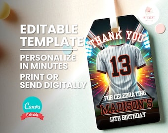 Baseball Softball Thank You Tag, Editable Age Jersey, Printable Gift Bag Accessory, Printable Party Favor, Digital Template