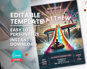 May include: A colourful invitation for a birthday party at an amusement park. The invitation features a cartoon image of a boy riding a water slide. The text on the invitation reads "Are you ready for a wild ride? Matthew is turning 9!" and includes the date, time, and location of the party.