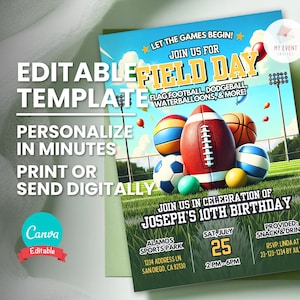 Feldtag Geburtstag einladen, Sport Park Party Einladung Flyer, bearbeitbare Vorlage, digitale elektronische Evite, druckbare Karte, Sofort Download