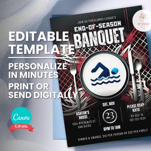 Invitación a banquete de natación, invitación a banquete de equipo de natación de cualquier temática, plantilla editable, Evite digital, folleto imprimible, descarga instantánea