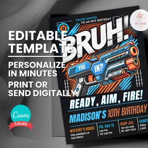 Dart Gun verjaardagsuitnodiging, elke leeftijd Blaster Fight-thema, bewerkbare sjabloon, digitale kaart, afdrukbare verjaardagsuitnodigingskaart, Instant Download