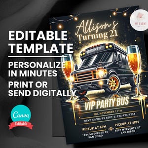 Invitación de cumpleaños para autobús de fiesta, invitación VIP para autobús de fiesta, plantilla digital editable, folleto electrónico de Evite, tarjeta de cumpleaños imprimible de descarga instantánea