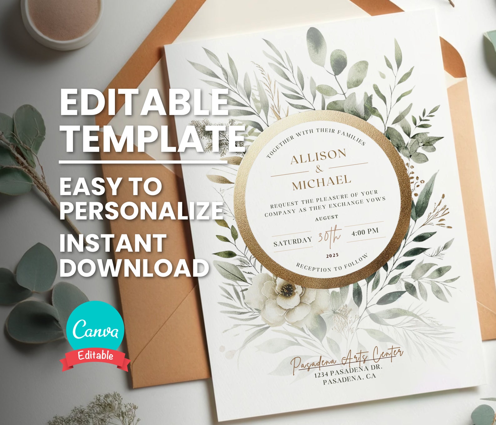 Elegant Gold Ring Wedding Invitation With Green Leaves (digital ...