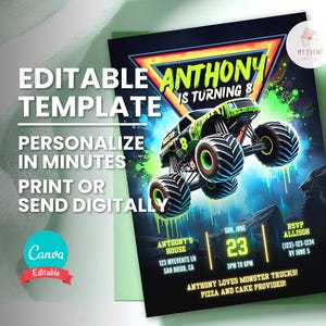 Faire-part de fête Monster Truck, invitation d'anniversaire sur le thème Monster Truck, âge du camion modifiable, modèle numérique, carte imprimable, téléchargement immédiat