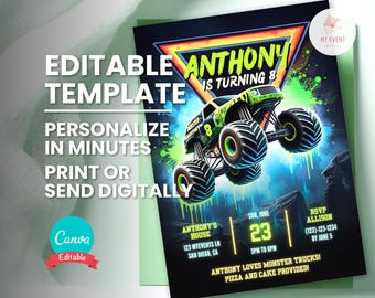 Monster Truck Party Invitation, Editable Truck Age, Digital Template, Printable Card, Instant Download