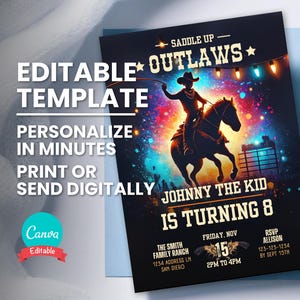 Cowboy-Geburtstagseinladung, Wild-West-Rodeo-Party, bearbeitbare Vorlage, druckbare Geburtstagskarte für Jungen, digitales Telefon Text Evite, Sofort-Download