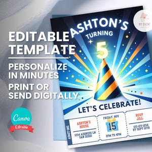 Convite de aniversário de menino, qualquer idade, qualquer tema, modelo digital, convite de festa editável, download instantâneo, cartão de aniversário para impressão, grafite neon