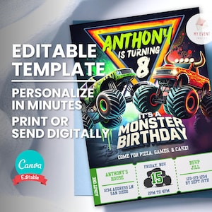 May include: A birthday party invitation featuring two monster trucks. The invitation includes the text "Anthony is turning 8" and "It's a Monster Birthday". The invitation also includes the text "Editable Template" and "Personalize in minutes".