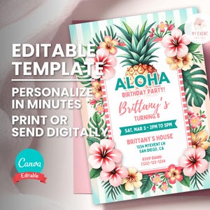 Aloha Hawaii verjaardagsuitnodiging, tropisch strandfeest uitnodiging, bewerkbare sjabloon, afdrukbare verjaardagskaart, digitale Evite, Instant Download