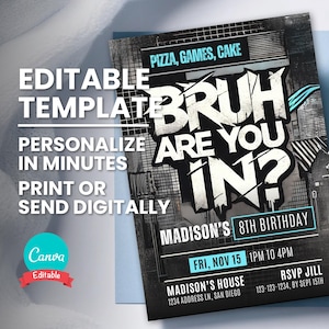Bruh You In Invitation, Qualquer idade, Qualquer tema, Convite para festa de aniversário Neon Graffiti Bruh, Modelo editável, Cartão para impressão, Download instantâneo