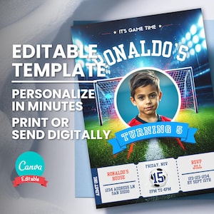 Voetbal fotoverjaardagsuitnodiging, elke leeftijd speler feest, bewerkbare digitale sjabloon, afdrukbare verjaardagskaart, mobiele Evite, Instant Download