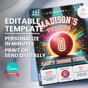 Dodgeball Geburtstagseinladung, Völkerball-Spielticket einladen, bearbeitbare digitale Vorlage für jedes Alter, sofortiger Download, druckbare Geburtstagspartykarte