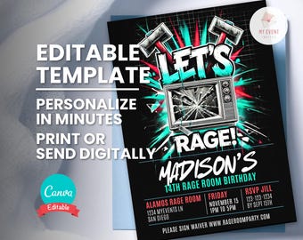 Rage Room Invitation, Let's Rage Birthday Party Invite, Editable Template, Printable Card, Instant Download