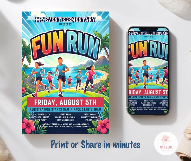 Invitation Program Fun Run Fun Run Invitation, Coastal Beach Race, School Charity Fundraiser Flyer ...