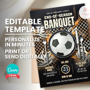 Soccer End of Season Banquet Invitation, Sports Team Dinner Invite, Editable Template, Digital Evite, Printable Flyer, Instant Download