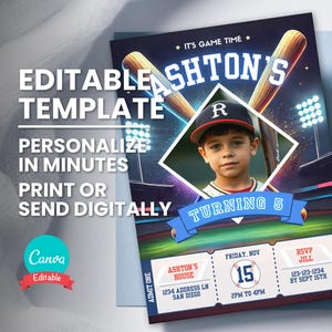 Baseball-Geburtstags-Fotoeinladung, Ballspiel-Fotoeinladung, bearbeitbare digitale Vorlage für jedes Alter, sofortiger Download, druckbare Bday-Partykarte