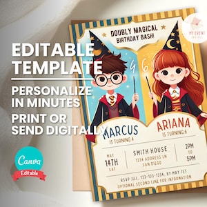 Invitation à une fête avec un sorcier pour deux anniversaires ou un double anniversaire de sorcier, fête magique avec des jumeaux pour un garçon et une fille, modèle modifiable