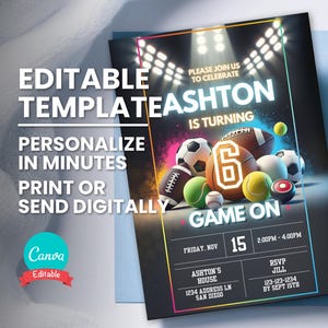 Faire-part d'anniversaire sportif, Invitation sur le thème du sport, Flyer d'événement sportif, Modèle modifiable, Carte à imprimer, Evitation numérique, Téléchargement immédiat