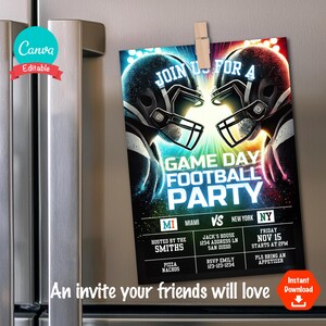 May include: A colorful football game day party invitation with two football players facing each other. The text reads "Join us for a Game Day Football Party" with the teams Miami and New York. The invitation includes details about the party, including the date, time, location, and RSVP information.