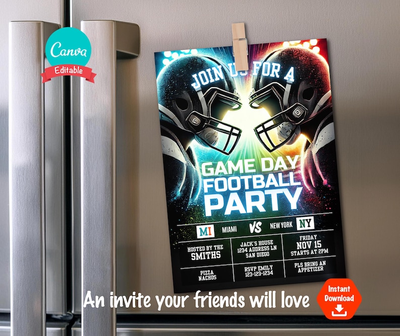 May include: A colorful football game day party invitation with two football players facing each other. The text reads "Join us for a Game Day Football Party" with the teams Miami and New York. The invitation includes details about the party, including the date, time, location, and RSVP information.