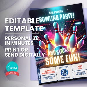 Bowling-Einladung, Bowling-Spiel oder Match-Party-Einladung, bearbeitbare Vorlage, digitales elektronisches Evite, druckbare Karte, sofortiger Download