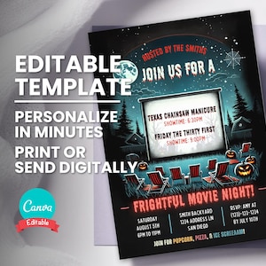 Inbjudan till skräckfilm, inbjudan till filmkväll i trädgården, skräckfilmsfest, redigerbar digital mall, utskrivbar flygblad, direktnedladdning