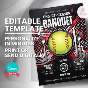 Invitación a banquete de tenis, invitación a cena de fin de temporada para equipos deportivos, plantilla editable, Evite digital, folleto imprimible, descarga instantánea