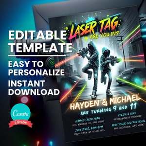 Invitation commune de balise laser pour une fête d'anniversaire double, invitation d'anniversaire de balise laser pour adolescents néon, fête d'amis, frère et sœur, modèle modifiable