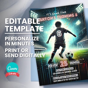 Voetbal verjaardagsuitnodiging, aanpasbare Jersey Age, bewerkbare sjabloon, digitale mobiele telefoon Evite, afdrukbare verjaardagskaart, Instant Download
