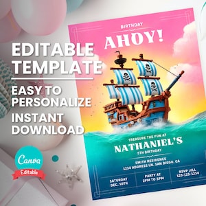Pirate Ship Birthday Invite for Kid Pirate Birthday Invitation for Child Pirate Party Invitation Editable Pirateship Birthday Party Invite