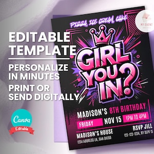 Convite de aniversário de menina, qualquer idade, qualquer tema de convite de festa de aniversário, modelo digital editável, download instantâneo, cartão para impressão, grafite neon