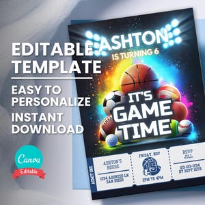 Sport-Geburtstagseinladung, bearbeitbar Jedes Alter Event Sport Ticket einladen, Spiel Event Flyer, digitale Vorlage, Sofort Download, druckbare Karte