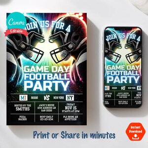 May include: A digital invitation for a football party with a graphic of two football players facing each other. The text reads "Join us for a Game Day Football Party" with the teams Miami vs New York. The invitation includes details such as the date, time, location, and RSVP information.