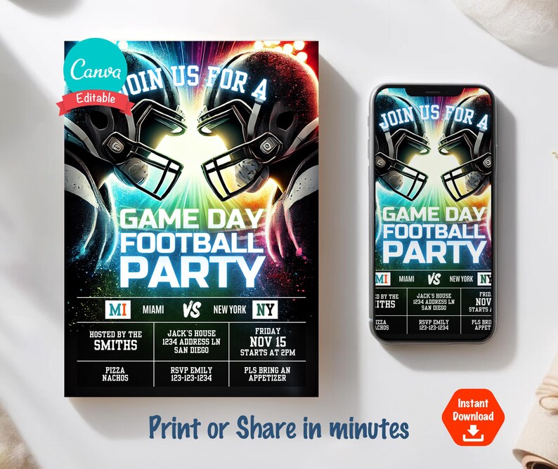 May include: A digital invitation for a football party with a graphic of two football players facing each other. The text reads "Join us for a Game Day Football Party" with the teams Miami vs New York. The invitation includes details such as the date, time, location, and RSVP information.