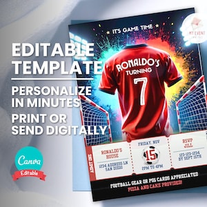 Invitación de cumpleaños de fútbol, camiseta de fútbol editable por edad, invitación con boleto personalizable, plantilla digital, tarjeta de cumpleaños imprimible, descarga instantánea